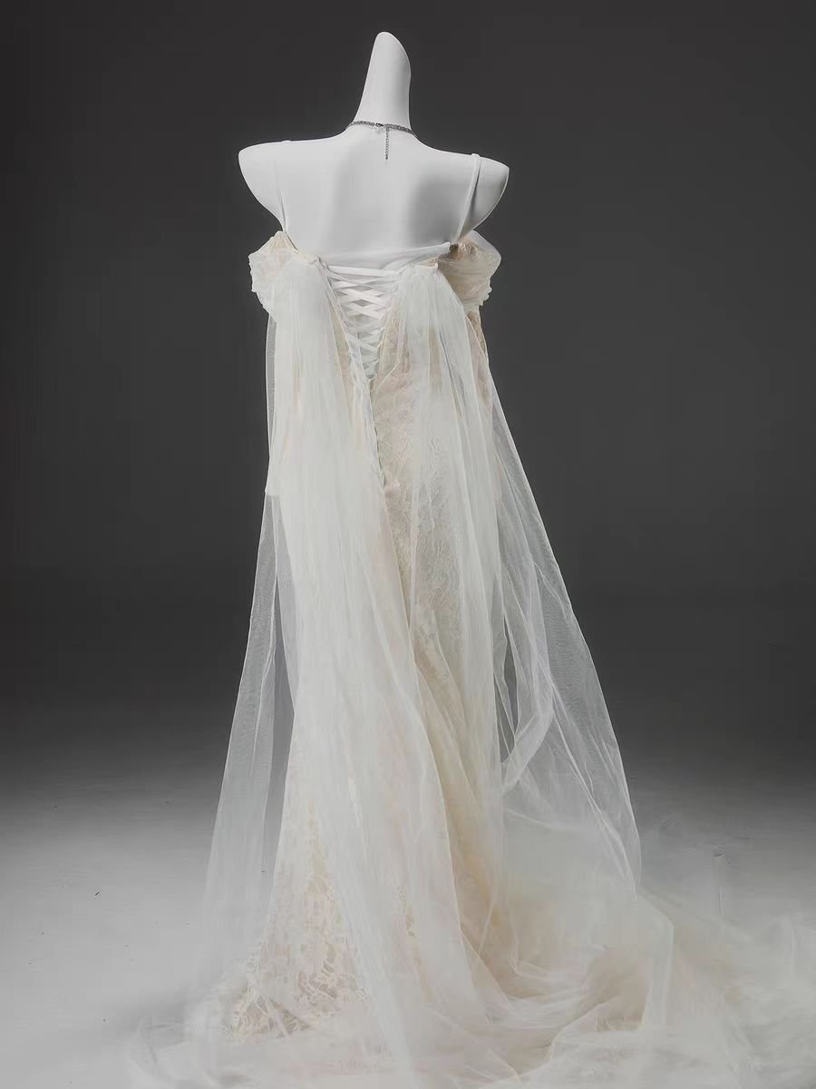 Cream White Lace Off-The-Shoulder Evening Gown with Sheer Overlay - Plus Size Size 24W / Cream Cream White Lace Off-The-Shoulder Evening Gown with Sheer Overlay - Plus Size Size 24W / Cream