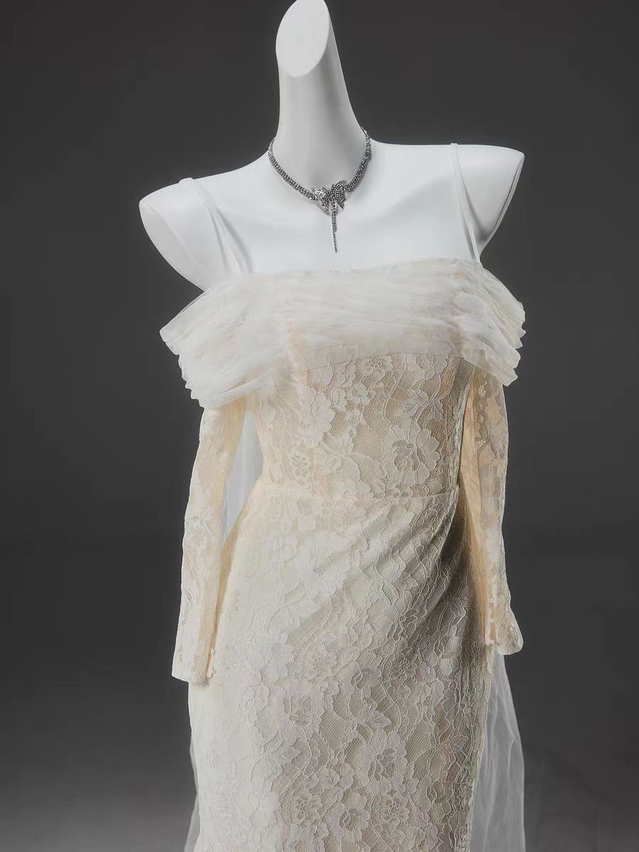Cream White Lace Off-the-Shoulder Evening Gown with Sheer Overlay - Plus Size Size 24W / Cream Cream White Lace Off-the-Shoulder Evening Gown with Sheer Overlay - Plus Size Size 24W / Cream