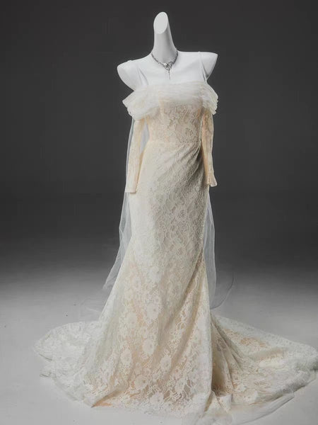 Cream White Lace Off-the-Shoulder Evening Gown with Sheer Overlay