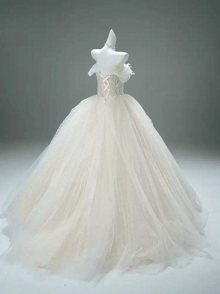 Cream Off the Shoulder Evening Dress with Feathered Bodice – Corset Evening Dress with Layered Skirt Plus Size - WonderlandByLilian