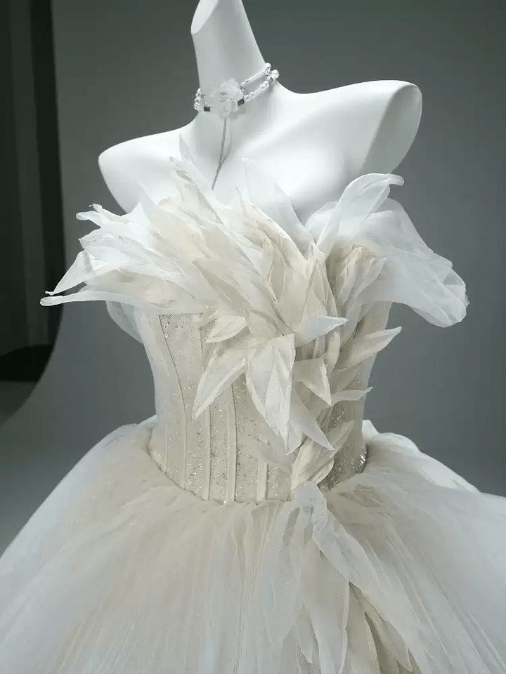 Cream Off the Shoulder Evening Dress with Feathered Bodice – Corset Evening Dress with Layered Skirt Plus Size - WonderlandByLilian