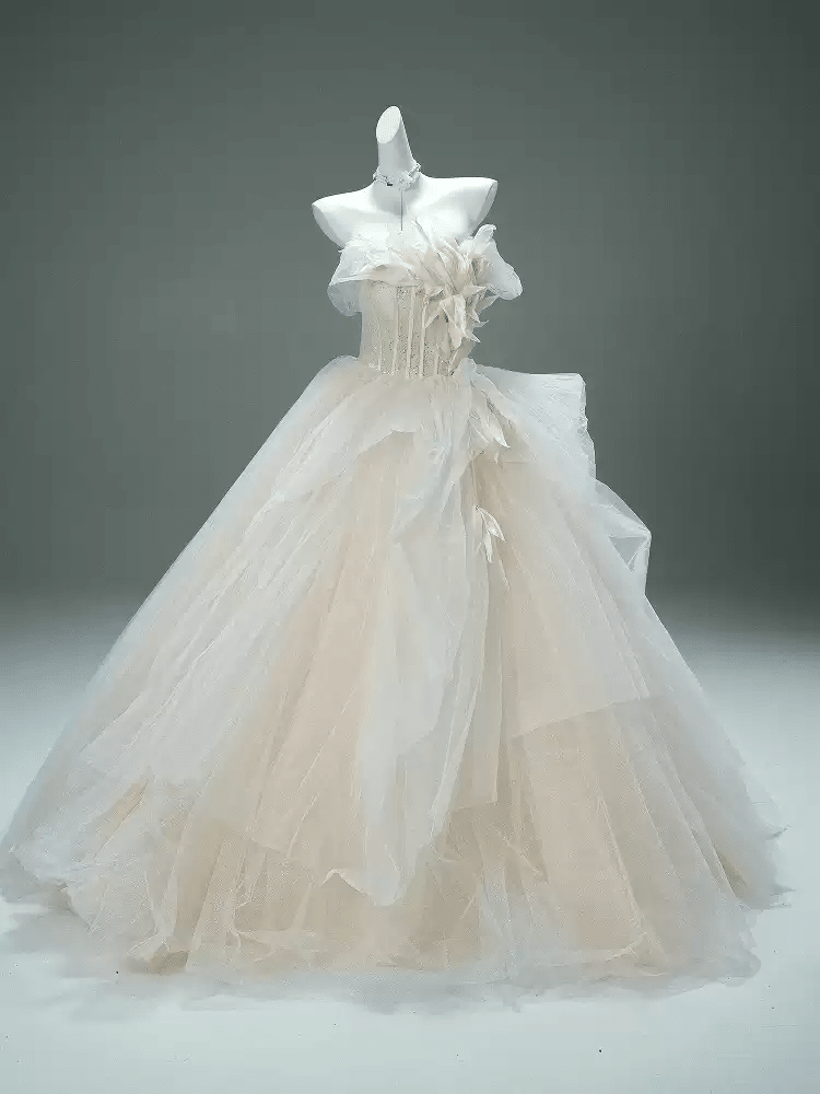 Cream Off the Shoulder Evening Dress with Feathered Bodice – Corset Evening Dress with Layered Skirt Plus Size