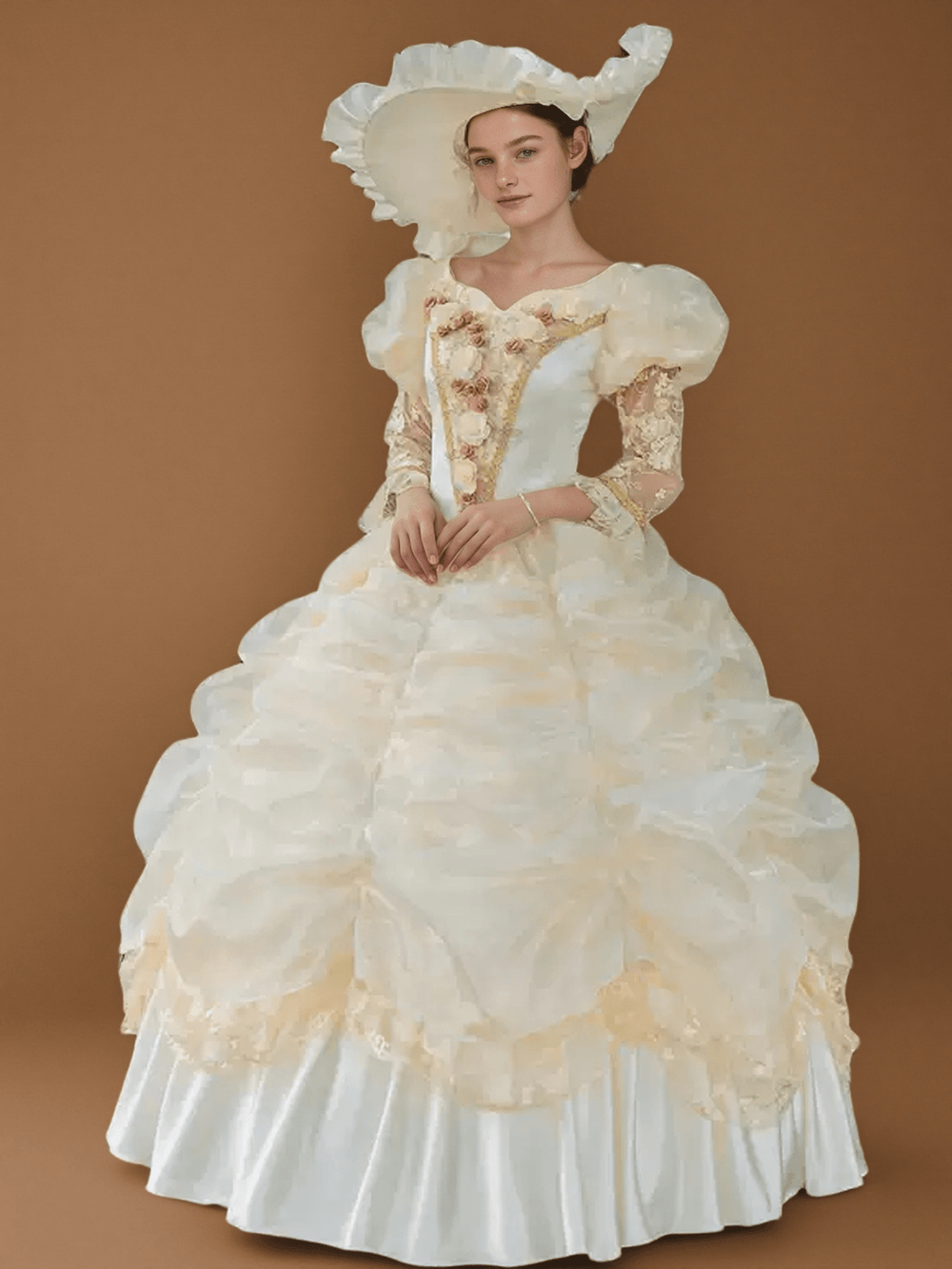 Cream Rococo Ball Gown with Ruffled Organza Skirt and Floral Embroidery – Vintage Court Dress - WonderlandByLilian