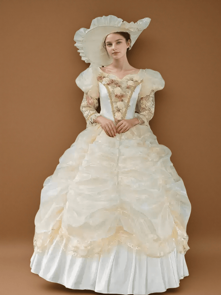 Cream Rococo Ball Gown with Ruffled Organza Skirt and Floral Embroidery – Vintage Court Dress - WonderlandByLilian