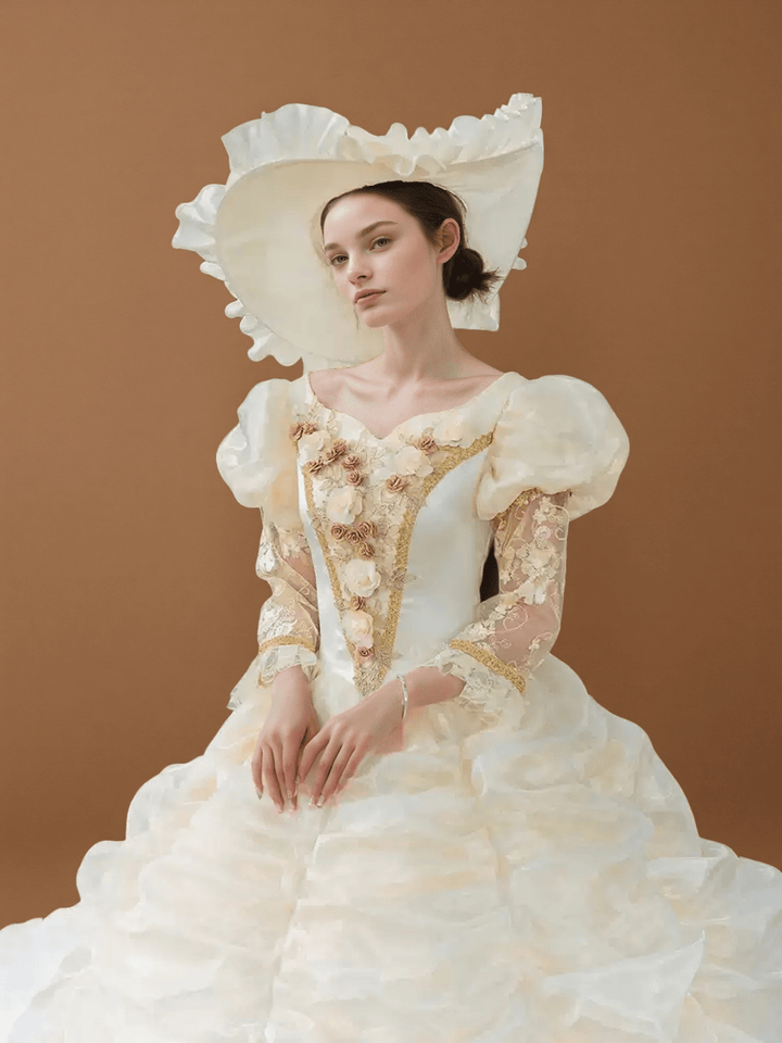 Cream Rococo Ball Gown with Ruffled Organza Skirt and Floral Embroidery – Vintage Court Dress - WonderlandByLilian