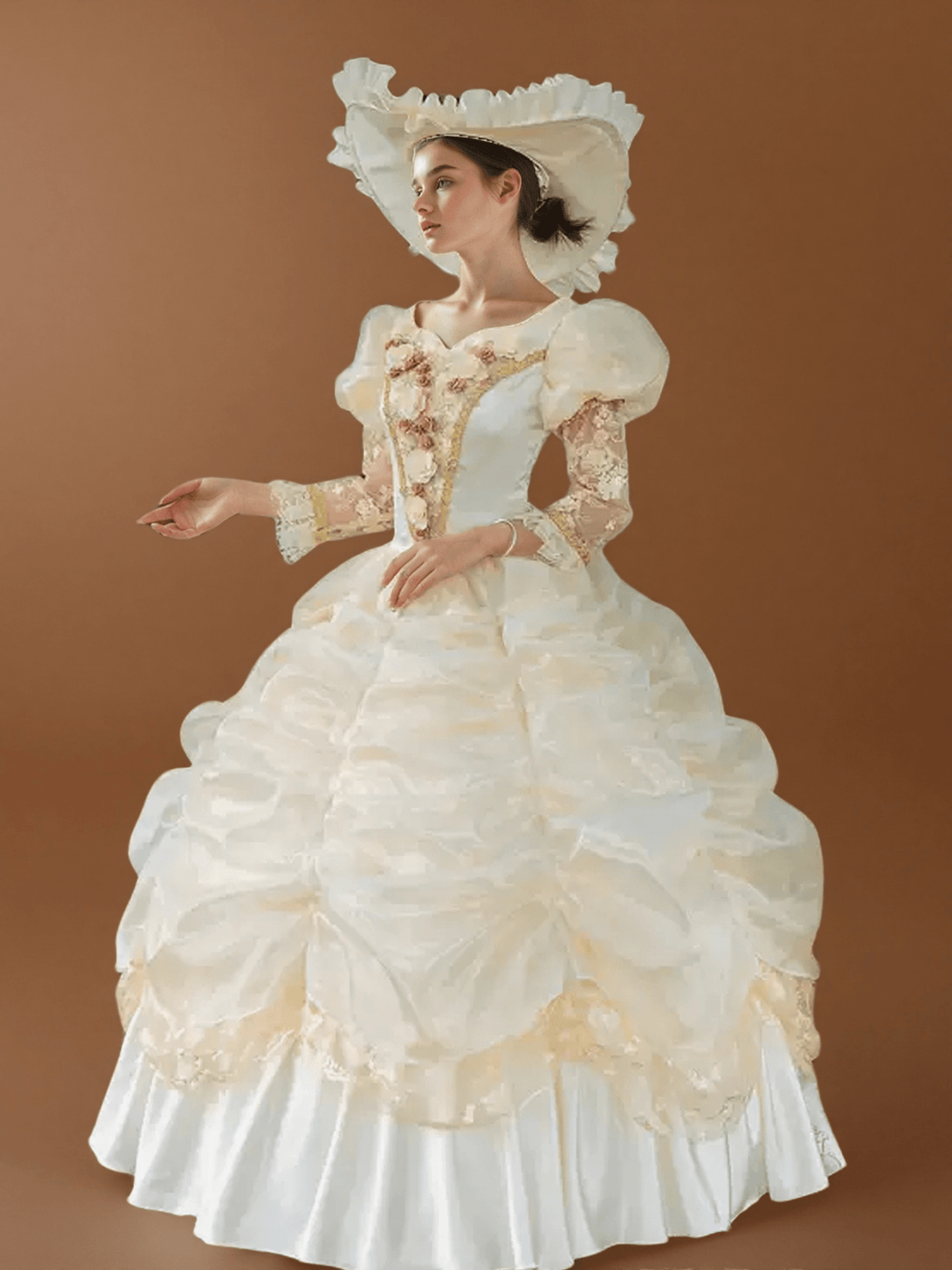 Cream Rococo Ball Gown with Ruffled Organza Skirt and Floral Embroidery – Vintage Court Dress - WonderlandByLilian