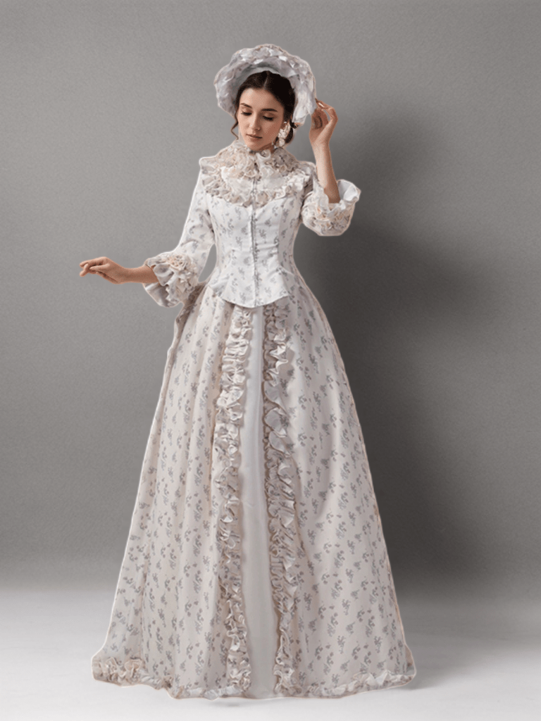 Cream Rococo Style Dress - Enchanting Floral Print Victorian Ball Gown with Vintage Grace Plus Size - WonderlandByLilian