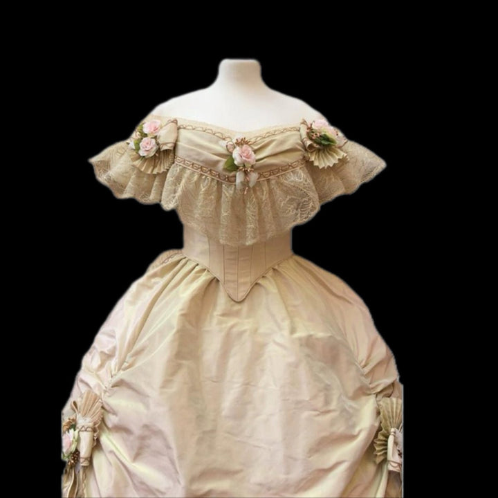 Cream Yellow Floral Rococo Ball Gown with Regal Elegance – Vintage Lace Embellished Baroque Style Dress - Victorian Dress Plus Size - WonderlandByLilian