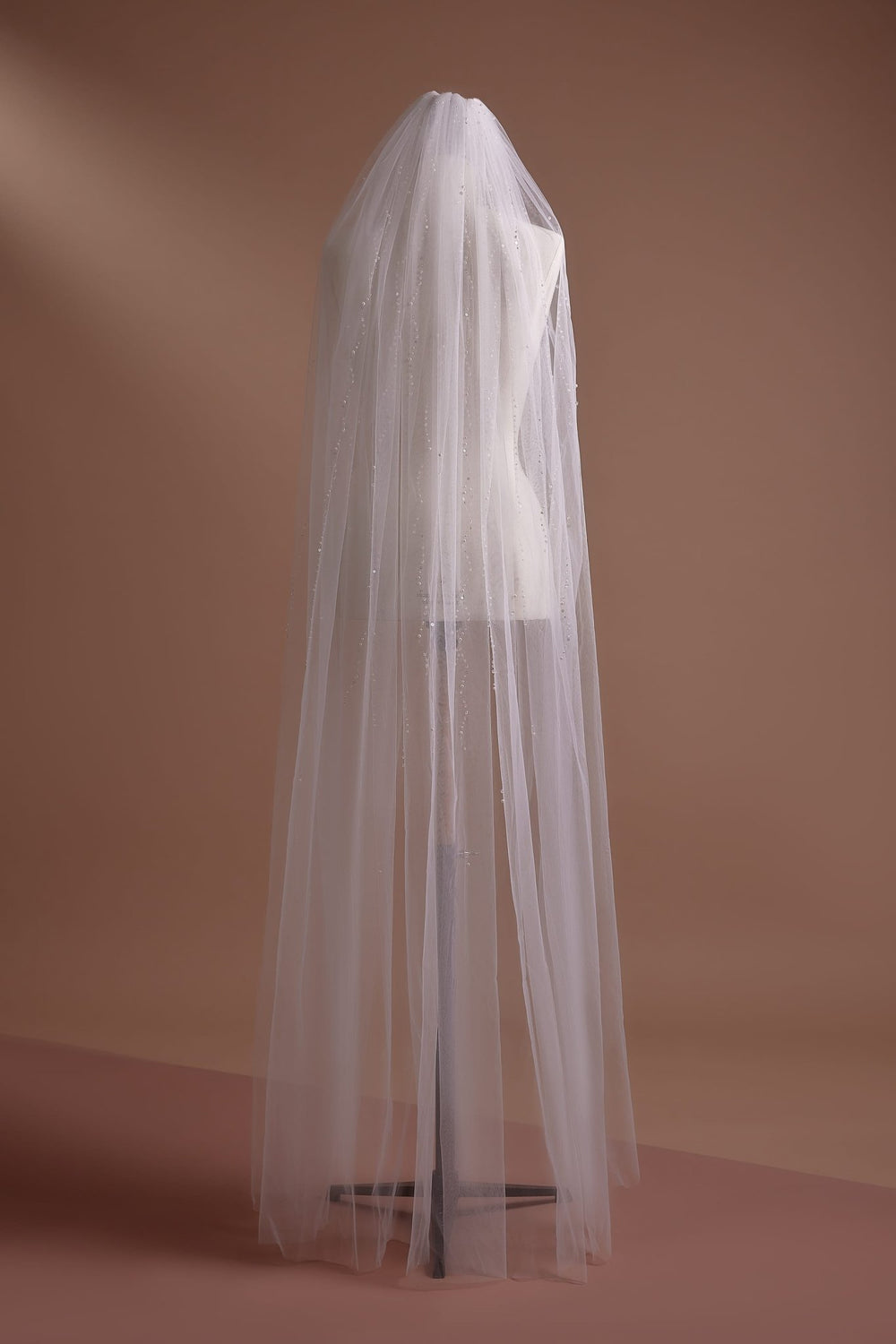 Crystal Beaded Long Tulle Wedding Veil, Available with or without Comb - WonderlandByLilian