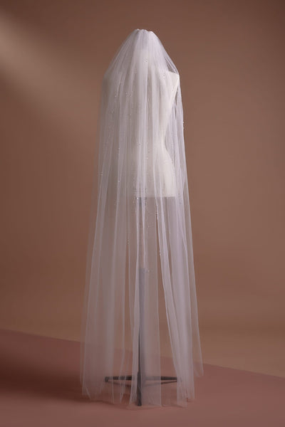 Crystal Beaded Long Tulle Wedding Veil, Available with or without Comb - WonderlandByLilian