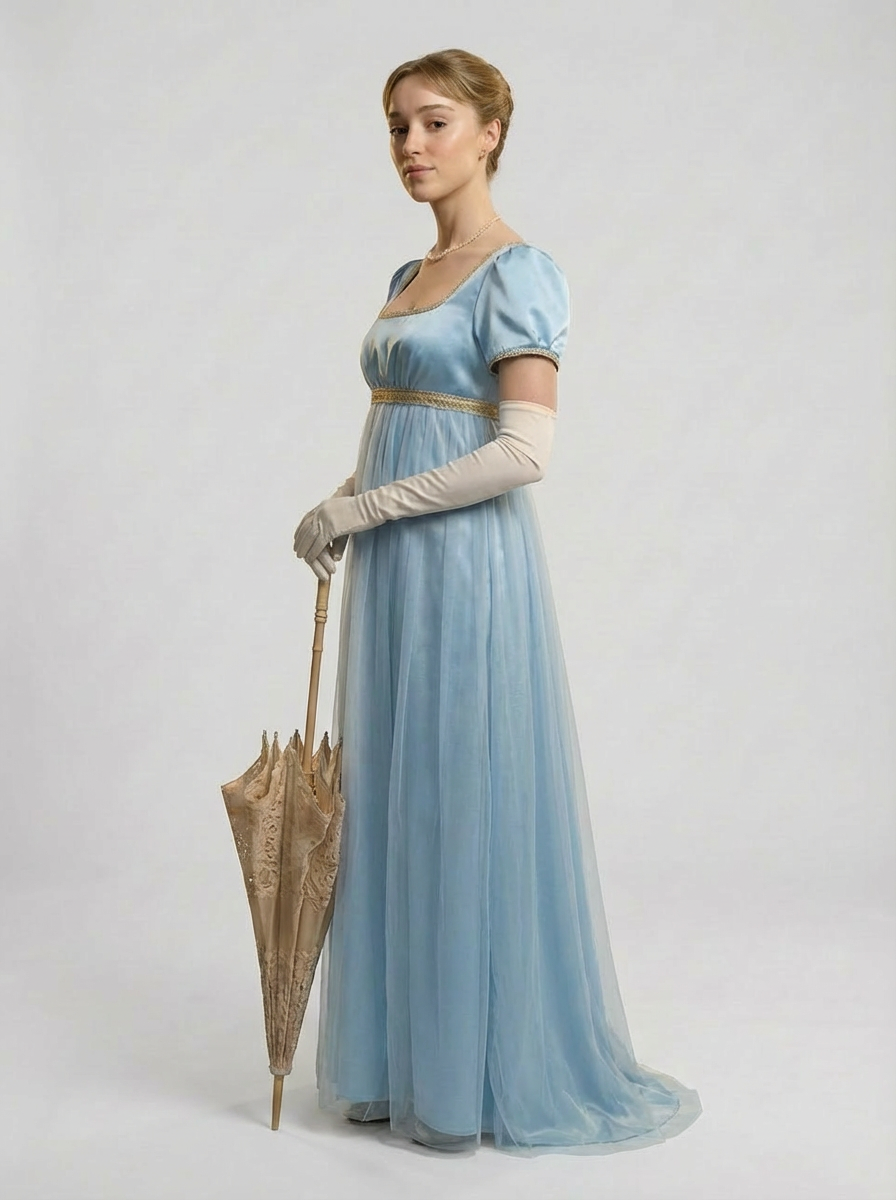 Bridgerton Daphne Blue Dress with Gauze - Regency Era Blue Satin Wedding Dress Plus Size