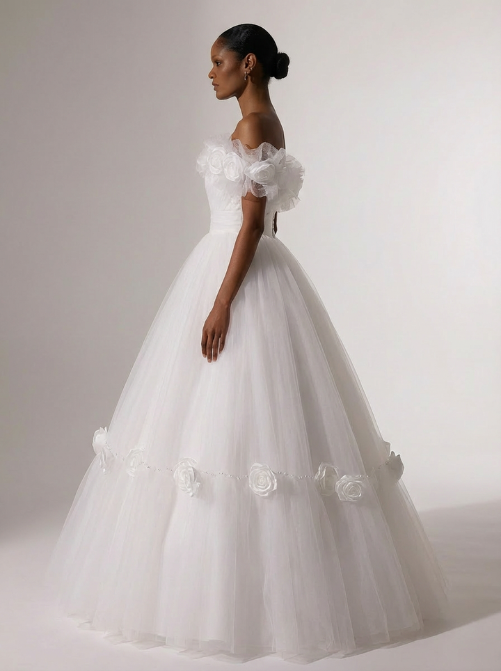 Antique Vintage Victorian Ivory White Tulle Ball Gown Wedding Dress with 3D Floral Embellishments - Plus Size