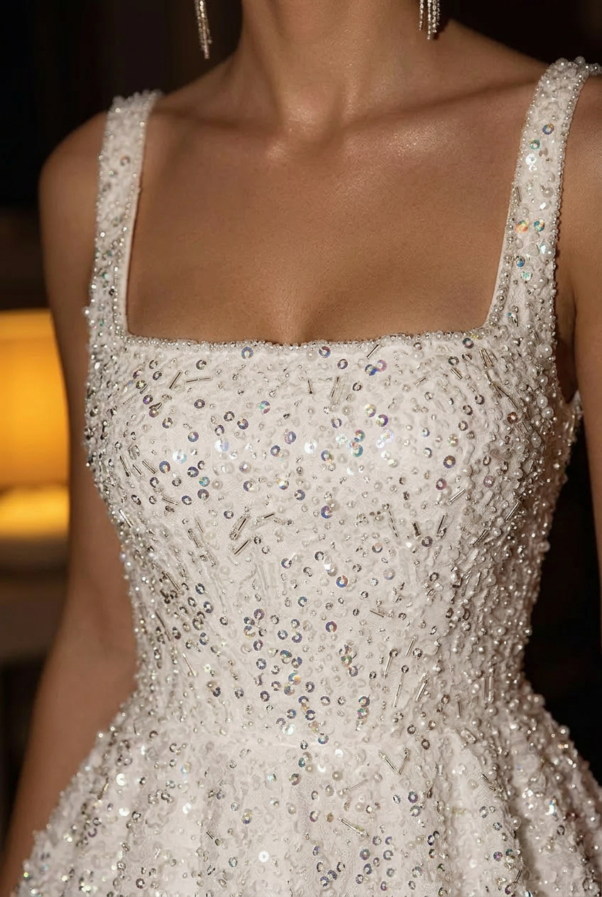 Glittered Short Bridal Wedding Dress with Sleeveless Design and Square Neckline  – Sequin Wedding Dress Beaded Plus Size