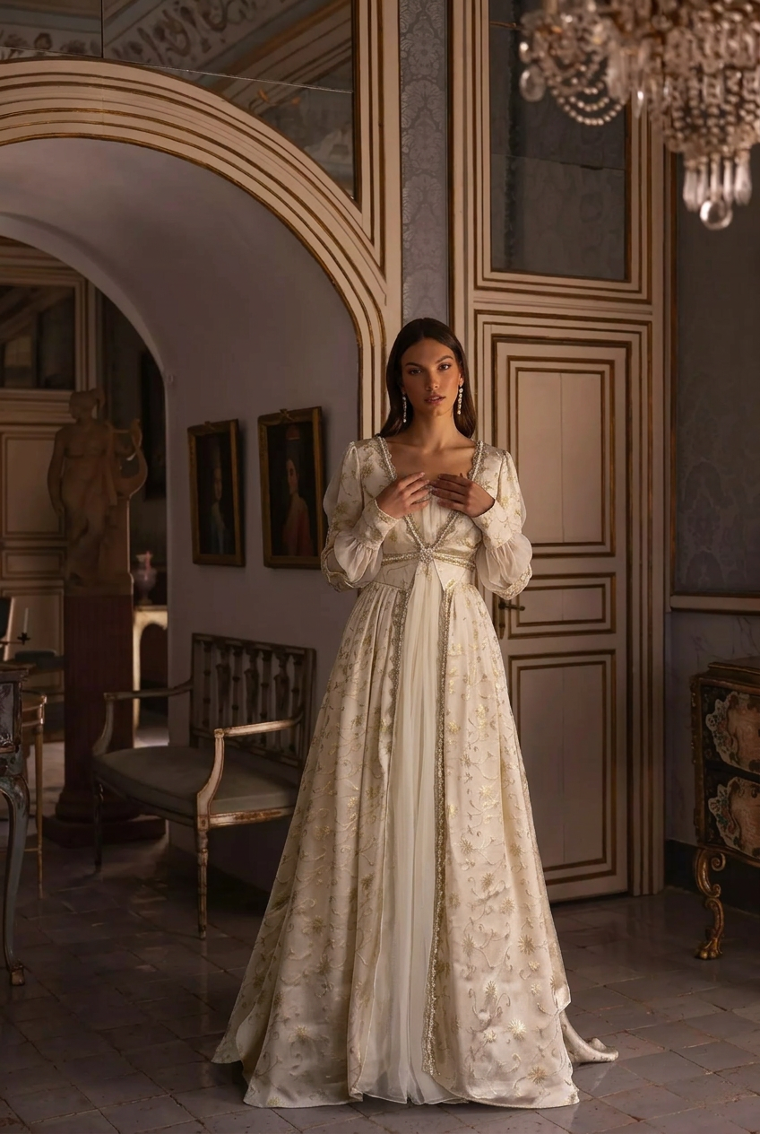 regency dress long sleeve Regency Era Champagne Gold Embroidered Empire Waist Gown – Bridgerton –  WonderlandByLilian
