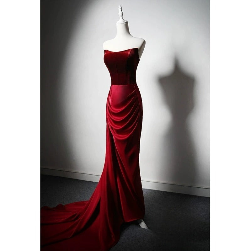 Burgundy Velvet Strapless Evening Dress with Draped Satin Skirt - Elegant Red Evening Gown Plus Size