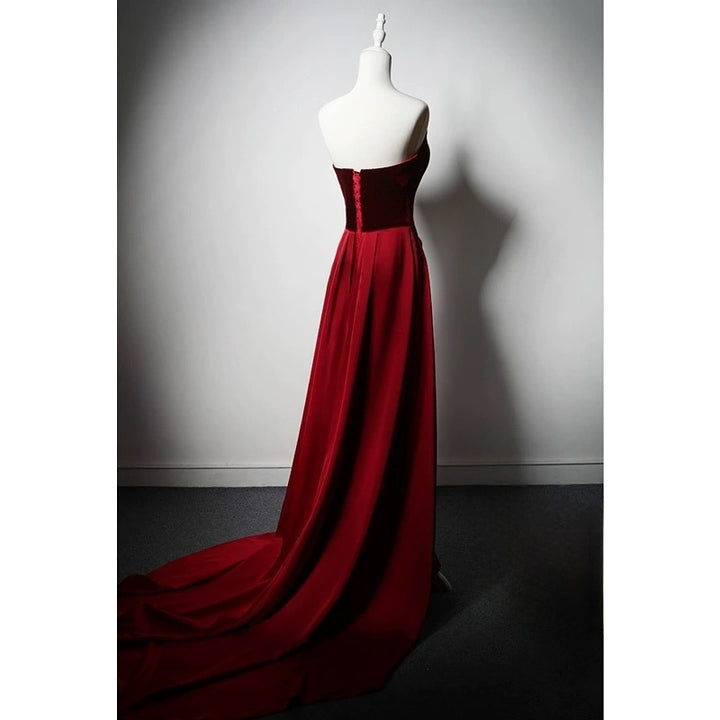 Burgundy Velvet Strapless Evening Dress with Draped Satin Skirt - Elegant Red Evening Gown Plus Size