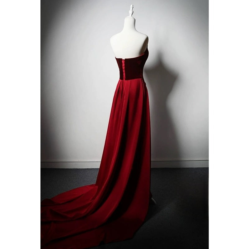 Burgundy Velvet Strapless Evening Dress with Draped Satin Skirt - Elegant Red Evening Gown Plus Size Size 4 / Red Burgundy Velvet Strapless Evening Dress with Draped Satin Skirt - Elegant Red Evening Gown Plus Size Size 4 / Red