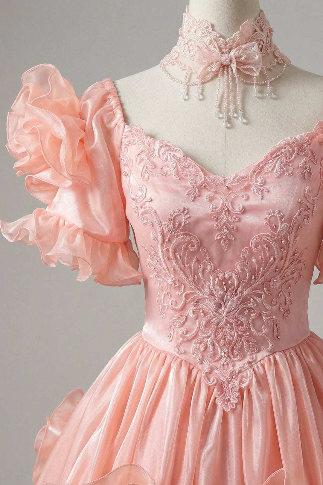 Pink Satin Vintage Antique A-line Ball Gown Wedding Dress with Ruffled Embroidery - Plus Size