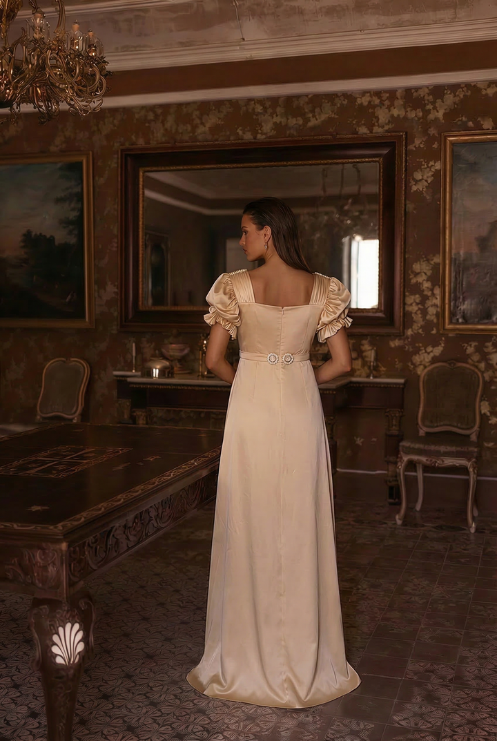 Champagne Regency Era Dress with Elegant Embroidery - Custom Regency Dress with Puff Sleeves and Draped Sash Plus Size