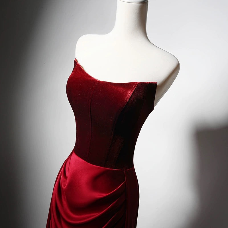 Burgundy Velvet Strapless Evening Dress with Draped Satin Skirt - Elegant Red Evening Gown Plus Size