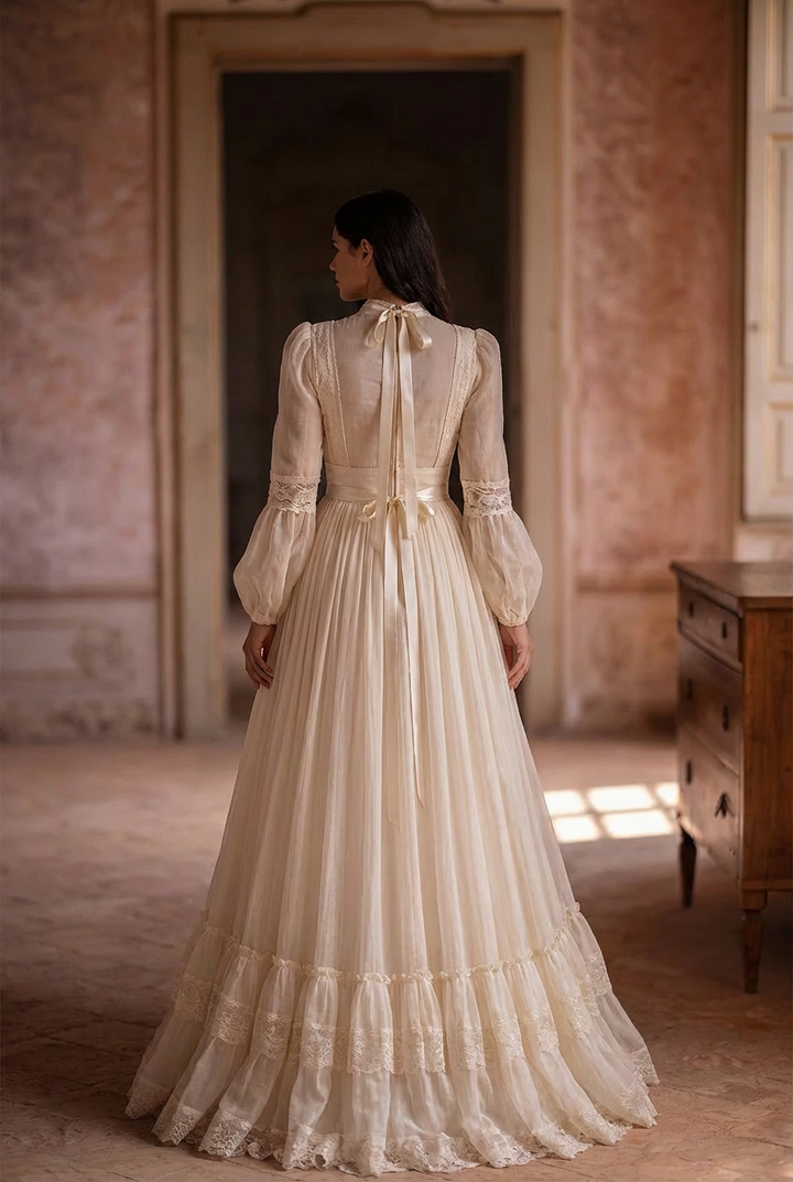 Gunne Sax inspiriertes gelbes Chiffon-Ballkleid - Schlichtes Spitzen-Teekleid - Französischer Stil 1980er