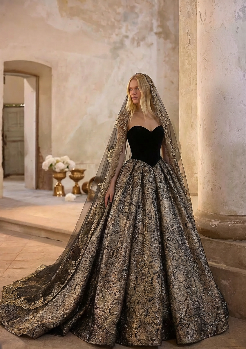 Gothic Black Strapless Wedding Dress With Gold Glitters