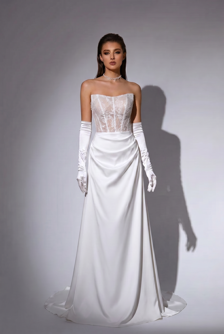 White Evening Dress with Corset Back - White Evening Gown with Lace Bodice and Draped Skirt Plus Size