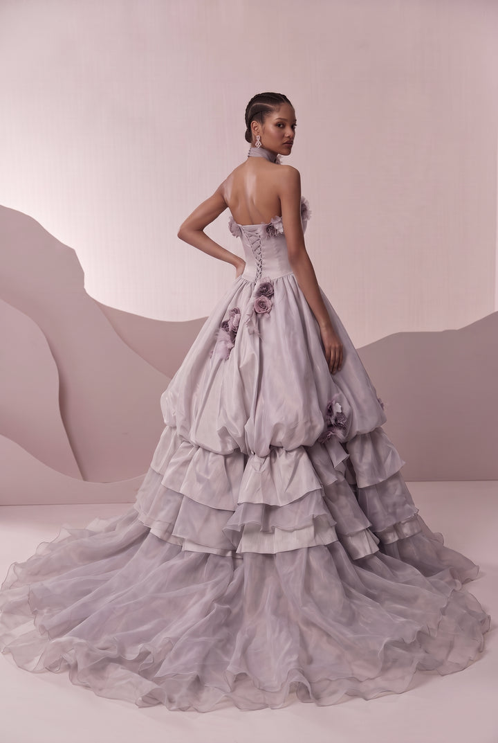 Grey Floral Embellished Evening Dress with Layered Ball Gown Skirt and Corset Back Plus Size