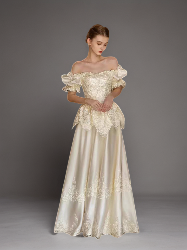 Vintage Ivory White Satin Off-Shoulder Lace Wedding Dress with Puff Sleeves - Plus Size