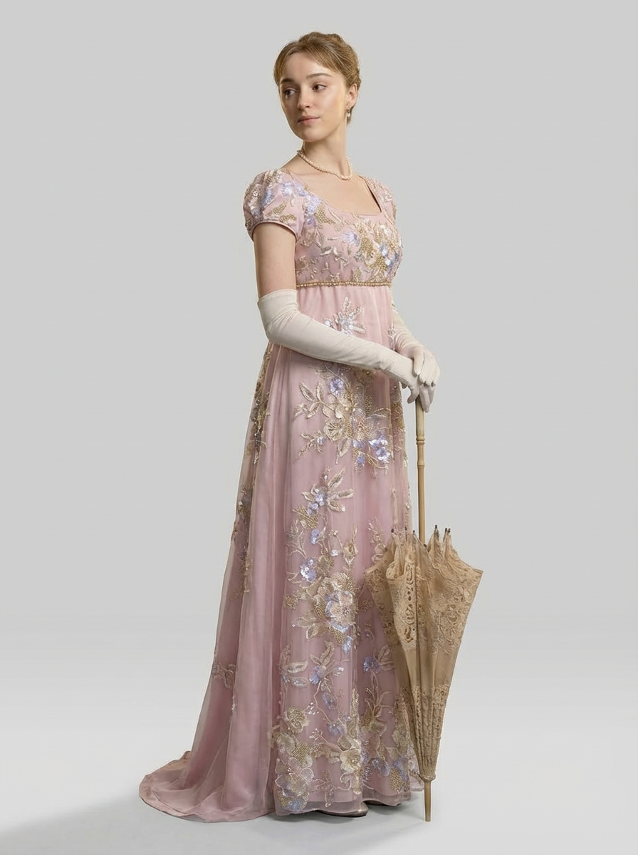 Pink Regency Era Embroidered Dress - Empire Waist Dress with Tulle Plus Size