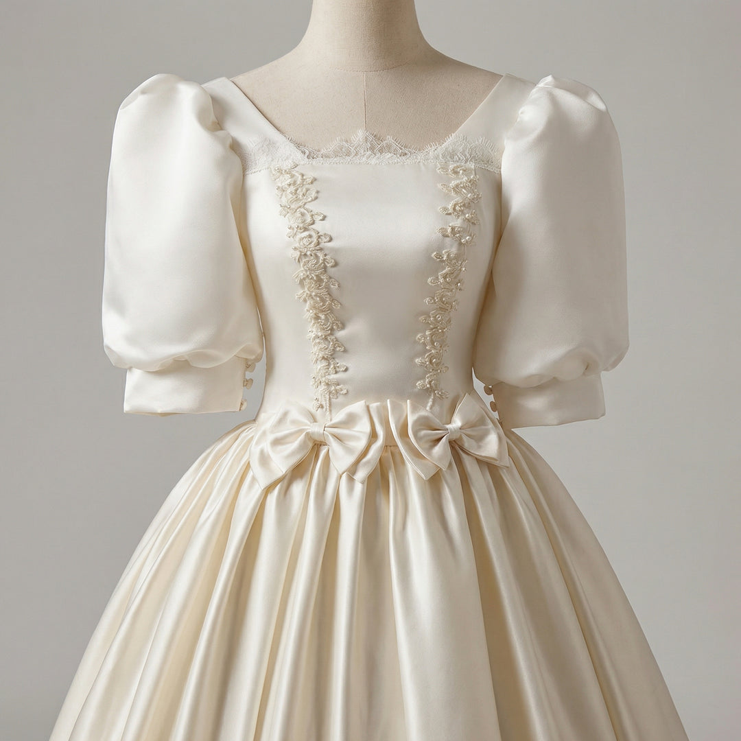 Simple Satin Wedding Dress with Corset – Lace Appliqué Wedding Dress with Bow Detail Plus Size