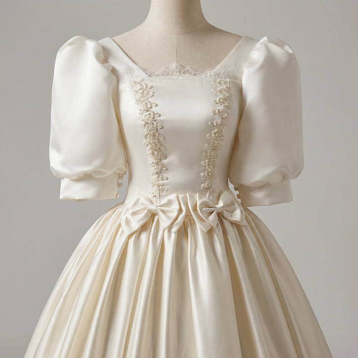 Simple Satin Wedding Dress with Corset – Lace Appliqué Wedding Dress with Bow Detail Plus Size