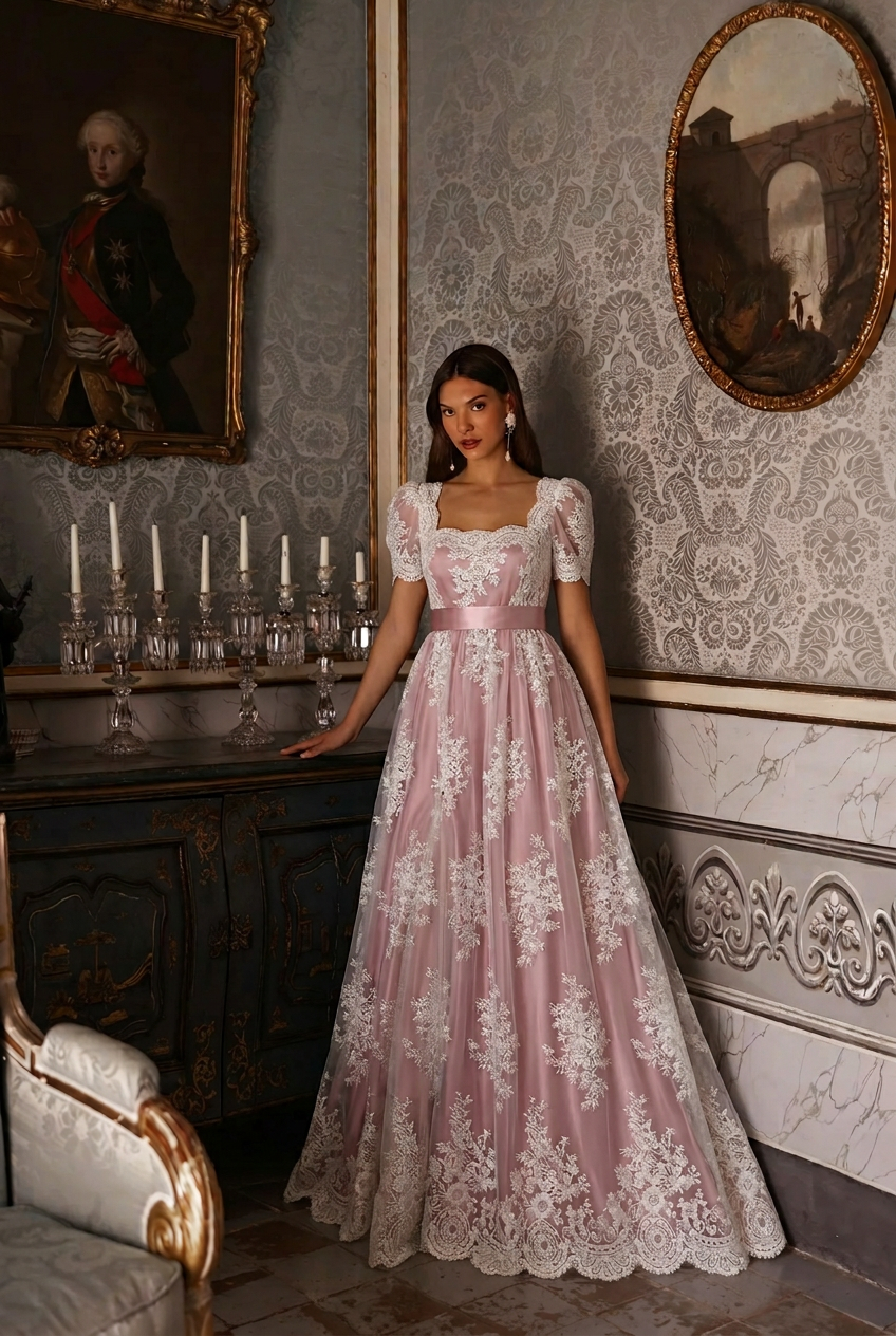 Bridgerton Pink Pale Lilac Regency Wedding Dress With Lace- Regency Era Ball Gown Plus Size Size 24W / No Shawl / Pink
