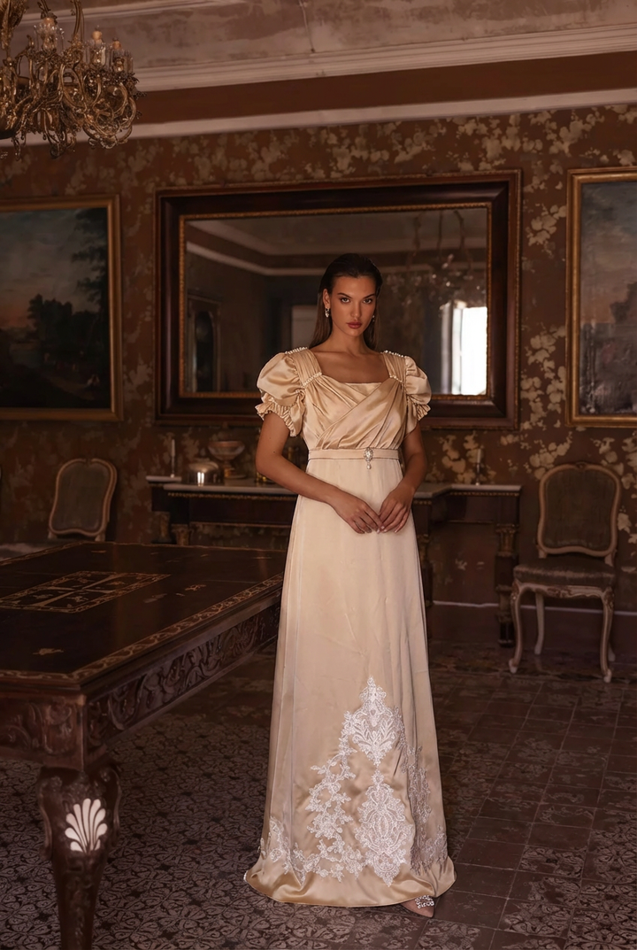 Champagne Regency Era Dress with Elegant Embroidery - Custom Regency Dress with Puff Sleeves and Draped Sash Plus Size