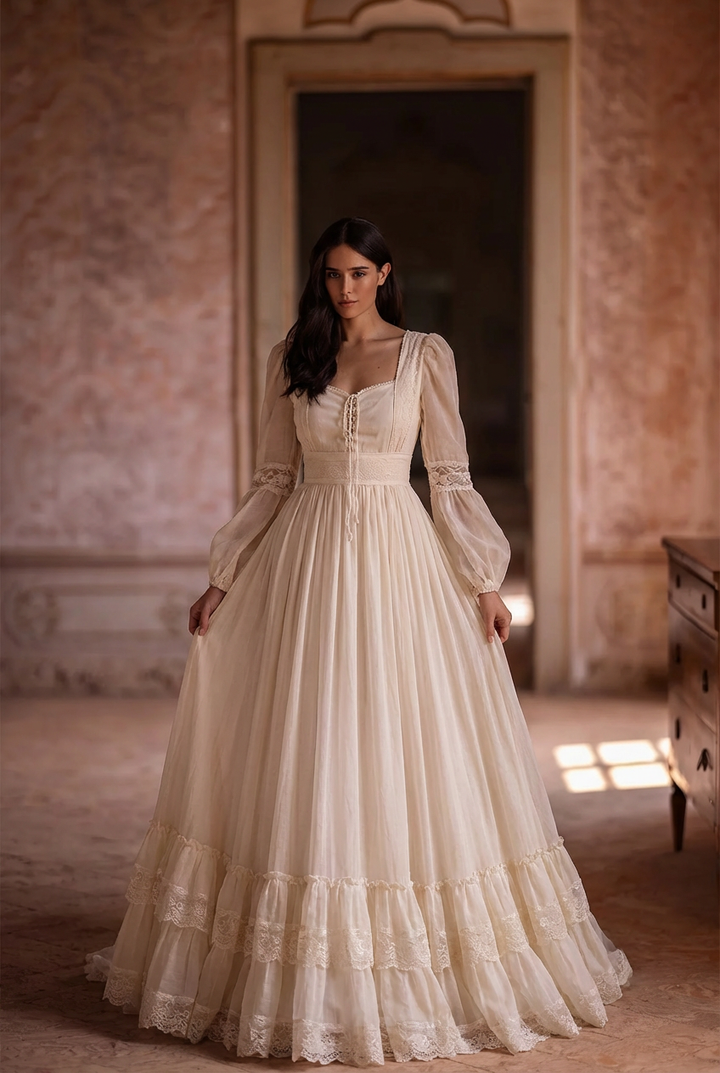 Gunne Sax inspiriertes gelbes Chiffon-Ballkleid - Schlichtes Spitzen-Teekleid - Französischer Stil 1980er