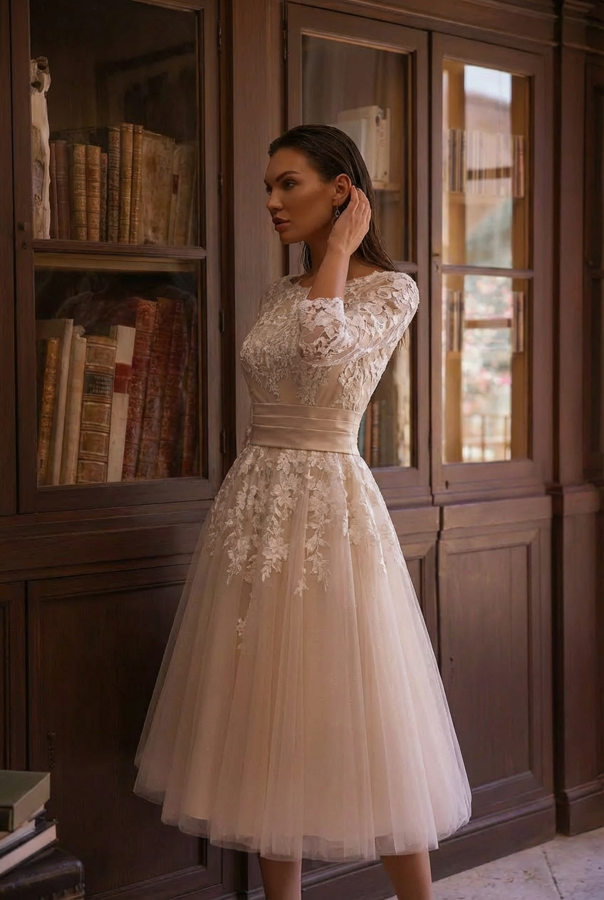 Retro 50s Modest Tea Length Short Lace Wedding Dress Size 2 / Beige