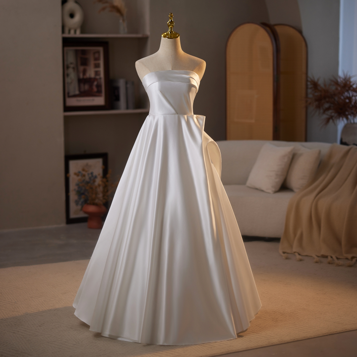 Strapless Satin Wedding Dress with Fold Over Neckline – Simple Satin Wedding Dress with Corset Plus Size