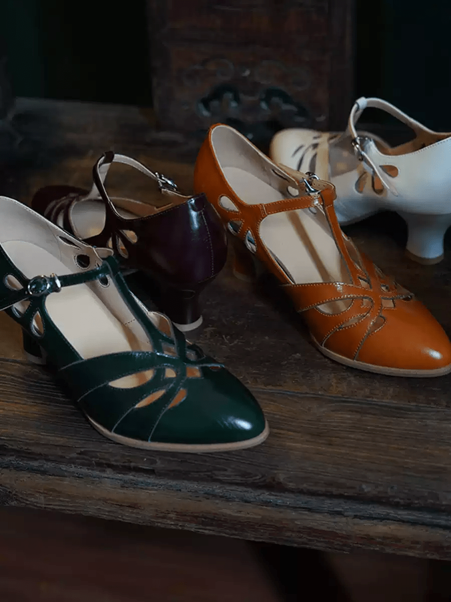 "Dancing Lights" – Handmade White Vintage Leather T - Strap Heels - WonderlandByLilian