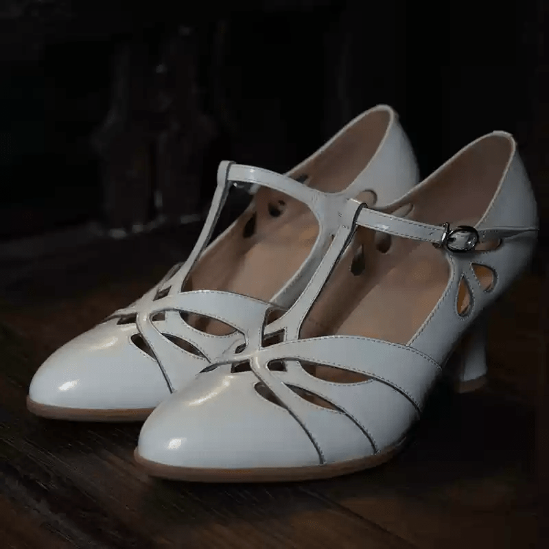 "Dancing Lights" – Handmade White Vintage Leather T - Strap Heels - WonderlandByLilian