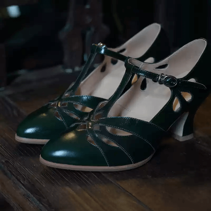 "Dancing Lights" – Handmade White Vintage Leather T - Strap Heels - WonderlandByLilian
