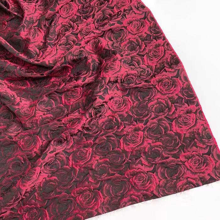 Dark Red 3D Embossed Jacquard Fabric with Rose Pattern for Women's Dresses and Cheongsam - WonderlandByLilian