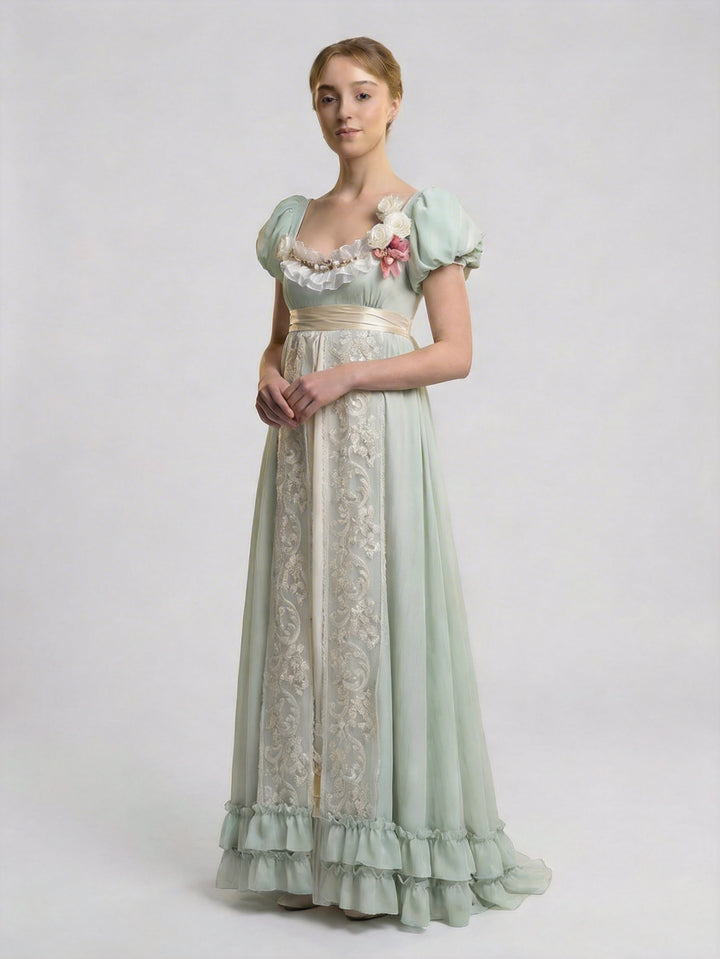 Regency Era Vintage Sage Green Empire Waist Dress – Bridgerton Inspired Embroidered Dress Plus Size