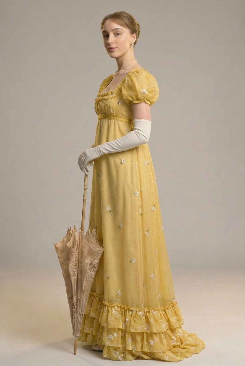 Romantic Yellow Regency Era Embroidered Dress With Ruffle - Empire Waist Dress Plus Size