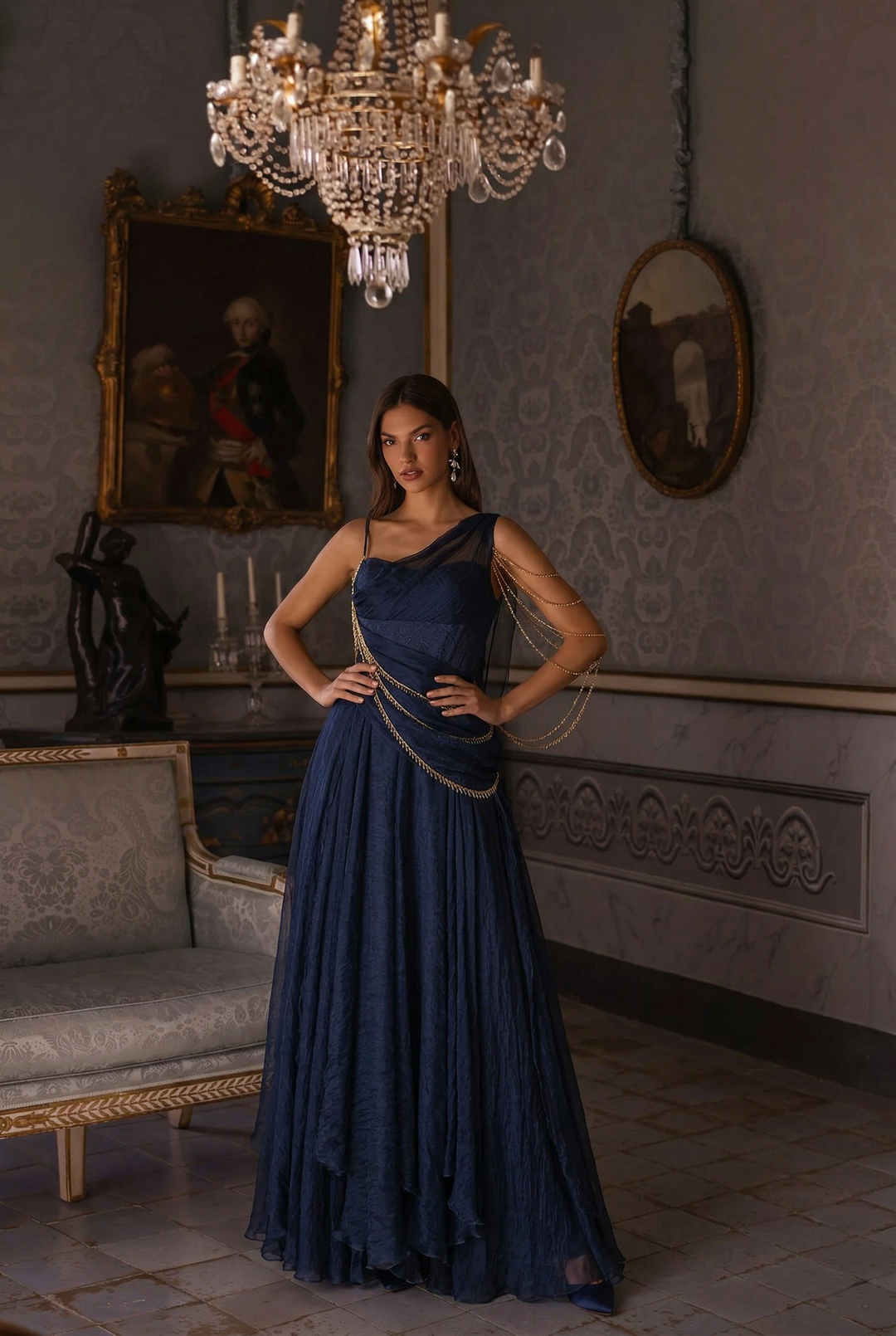 Gothic Navy Blue Fantasy Dress - Fairy Evening Dress with Draped Pearls Plus Size Gothic Navy Blue Fantasy Dress - Fairy Evening Dress with Draped Pearls Plus Size
