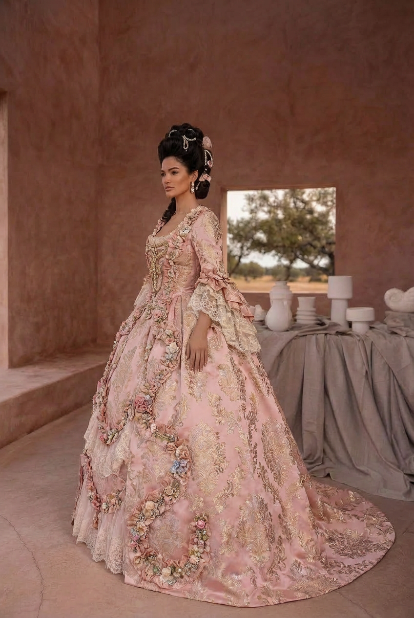 Pink Rococo Ball Gown with Floral Lace and Ruffled Detailing Victorian-Inspired Wedding Dress with Long Sleeves Plus Size Pink Rococo Ball Gown with Floral Lace and Ruffled Detailing Victorian-Inspired Wedding Dress with Long Sleeves Plus Size
