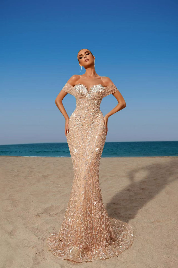 Champagne Sequin Off-Shoulder Evening Gown - Mermaid Silhouette Sparkly Maxi Dress - Designer Sequin Dress Plus Size