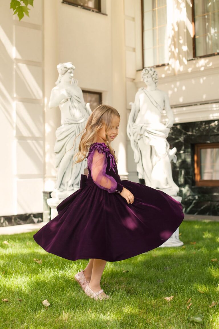 Deep Purple Velvet Plus Size Girl’s Dress – Jasmine Elegant Midi Party Gown with Tulle Sleeves and 3D Floral Appliqués for Special Occasions - WonderlandByLilian