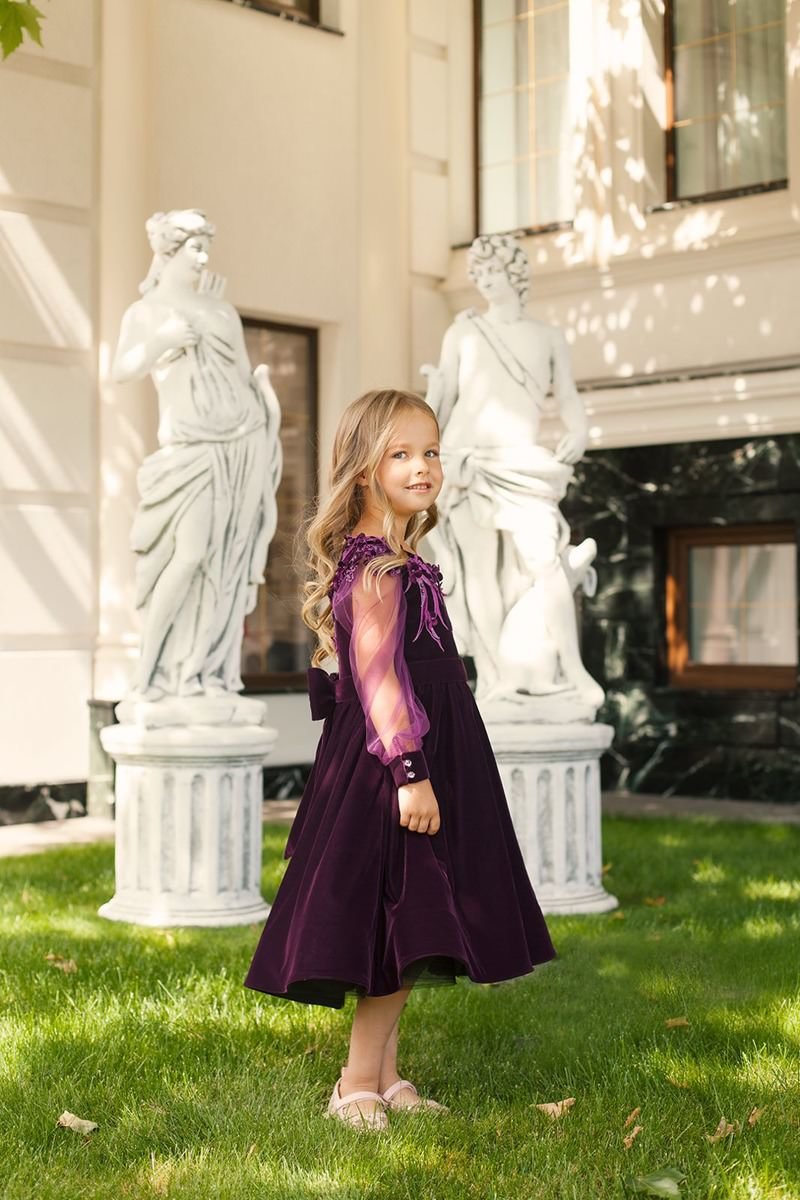 Deep Purple Velvet Plus Size Girl’s Dress – Jasmine Elegant Midi Party Gown with Tulle Sleeves and 3D Floral Appliqués for Special Occasions - WonderlandByLilian