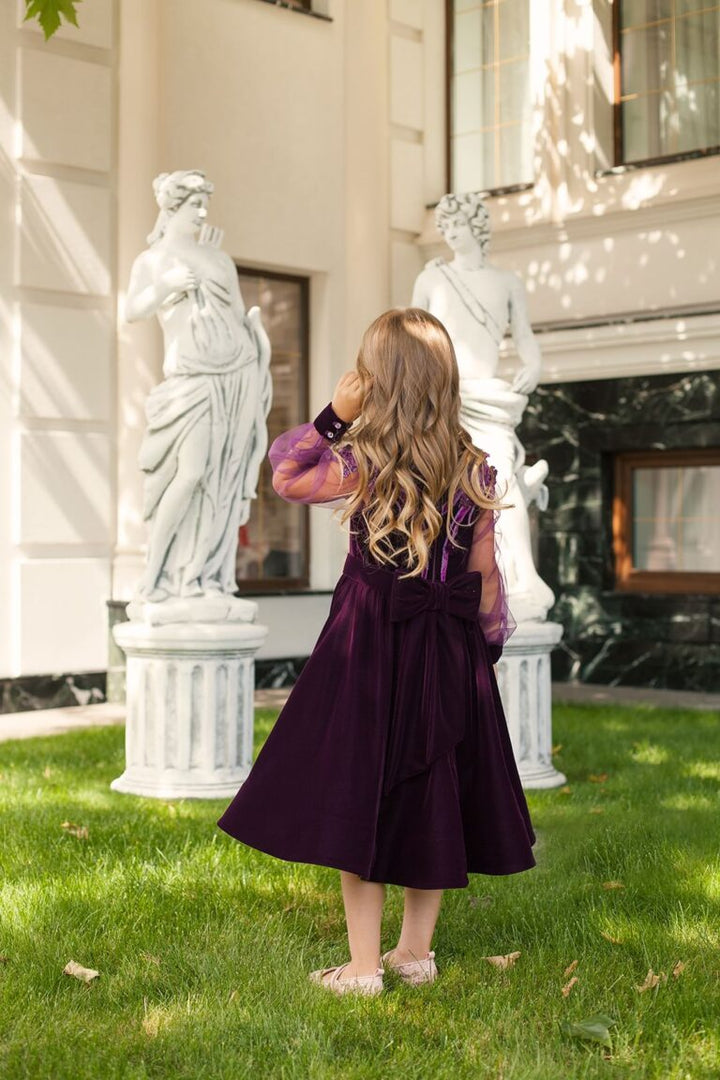 Deep Purple Velvet Plus Size Girl’s Dress – Jasmine Elegant Midi Party Gown with Tulle Sleeves and 3D Floral Appliqués for Special Occasions - WonderlandByLilian