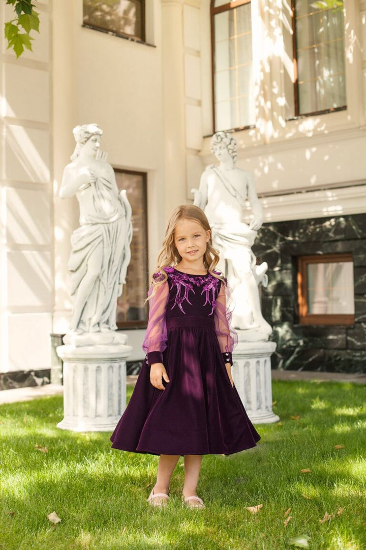 Deep Purple Velvet Plus Size Girl’s Dress – Jasmine Elegant Midi Party Gown with Tulle Sleeves and 3D Floral Appliqués for Special Occasions - WonderlandByLilian